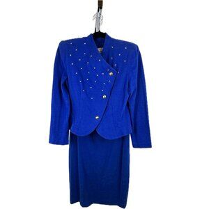 Donna Morgan Royal Blue Knit Skirt Suit with Gold Embellishments- Size 8